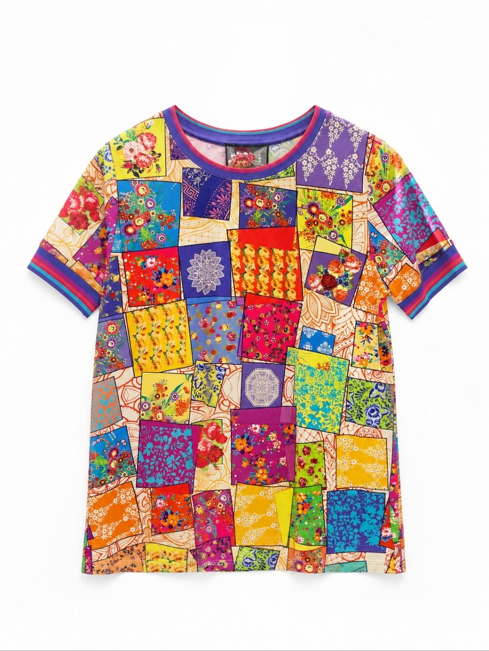 Johnny Was  Colorful Patchwork Floral Tee Boho Top Size M NWT